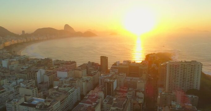 Rio de Janeiro sunrise aerial towards Copacabana Beach and the Sugarloaf Mountain