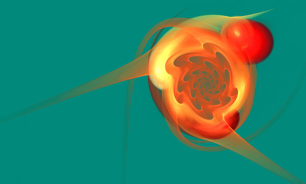 Abstract artistic fractal illustration. Lotus boll motive. Red light spiral or creature on turquoise background. Centrifugal force.	Great as wall art, template, banner.