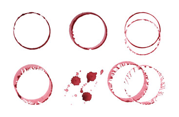 Watercolor round spots of red wine, drops, splashes, spilled wine glass, icons. For your design.