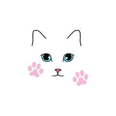 Fashion trendy illustration of cute cat. Abstract cat. Image with the inscription meow. Suitable for prints, textiles, t-shirts, logos, web, banners, cards, invitations. Vector illustration