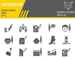 Vaccination glyph icon set, vaccine collection, vector graphics, logo illustrations, covid-19 vaccination vector icons, immunization signs, solid pictograms, editable stroke.