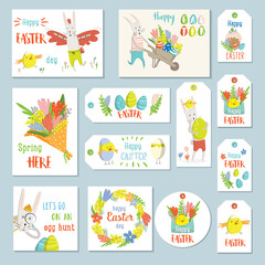 Spring illustrations set. Easter cards, gift tags and labels. Bouquet with flowers, Easter bunnies and wishes for a Happy Easter. Cute and modern vector illustration