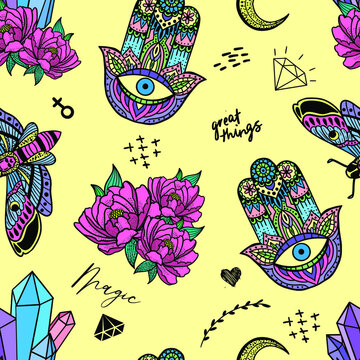 Vector hand drawn hamsa hand pattern. Indian hand drawn hamsa background