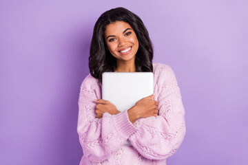 Photo of young beautiful charming positive smiling afro girl hug embrace laptop isolated on purple color background