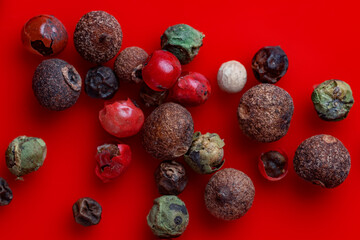 Mixted multi coloured peppercorns close up on a glossy red background. White, black, red, and green peppercorns. Macro background.