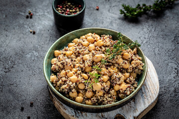 Vegetable lunch from the Buddha bowl with quinoa salad with chickpeas and thyme. Super food, healthy food dish for vegetarians