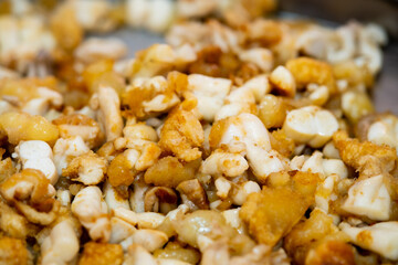 Close up of fried squid egg, thai street food market