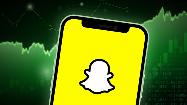 Snapchat stock market vector illustration, with iPhone splash screen. Bullish green.
