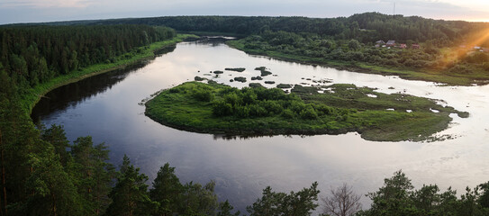 River Daugava with island in sunset, Kraslava, Latvia. Photographed from the viewing tower.