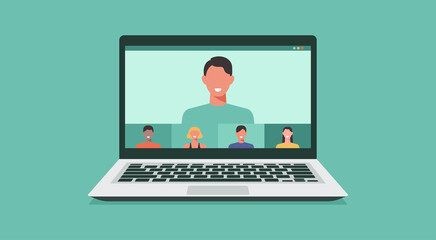 people connecting together, learning and meeting online with teleconference or video conference remote working on laptop computer, work from home and anywhere, vector flat illustration