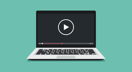 video player icon on laptop computer concept, vector flat illustration