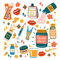 Set of different collagen types. Drink, jelly, powder, cream, injection, etc.  Trendy beauty supplement and ingredient for the skin.