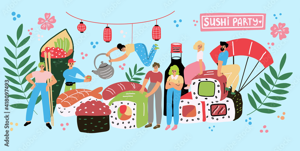 Wall mural Sushi party illustration in trendy colors. Flat style. Japanese of Asian food concept.