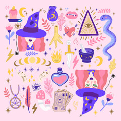 Set of trendy magic doodles in cute and playful colors. Witchcraft, moon spells, love potions, amulets and other cute details will be perfect for your project.