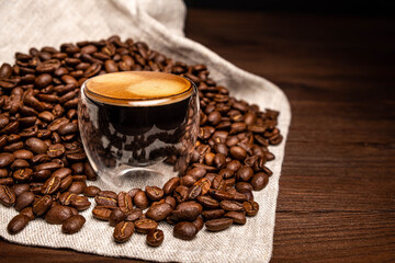 Coffee in a glass cup.