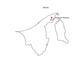 Hand draw thin black line vector of Brunei Map with capital city Bandar Seri Begawan on white background.