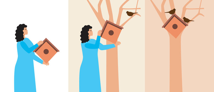 Birdwatcher woman with birdhouse isolated, Flat vector illustration as ornathology concept. care for nature