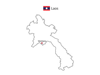 Hand draw thin black line vector of Laos Map with capital city Vientiane on white background.