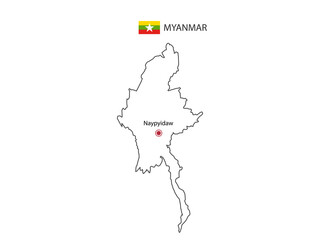 Hand draw thin black line vector of Myanmar Map with capital city Naypyidaw on white background.