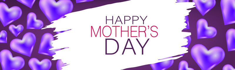 Happy Mothers Day banner, website or newsletter header. Purple hearts under brush stroke. Vector illustration.