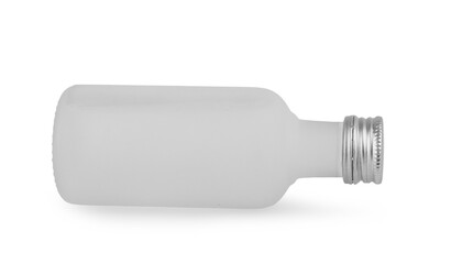 Empty transparent round glass bottle with closed aluminum yellow cap isolated on white background...