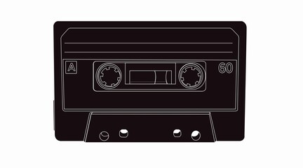 Vector Isolated Lines Illustration of a Cassette, black and white illustration of a music tape