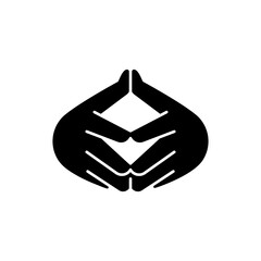 Steeple hand gesture black glyph icon. Feel confident about what is going on. Self confidence. Finger-tips touching each other. Silhouette symbol on white space. Vector isolated illustration
