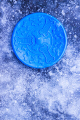 Frisbee toy for a dog of bright blue color against a background of beautiful frozen ice and snow
