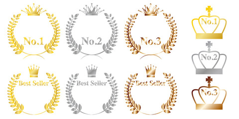 Set of gold, silver and bronze laurels branches emblems.
Hand drawn vector laurel decorative elements for website, banner, AD and sale promotion design. ベストセラーエンブレム、プロモーション装飾、金銀銅デコレーションデザイン