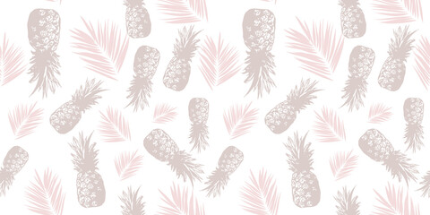Vector Abstract seamless pattern with tropical leaves. Summer pattern pineapples. Warm Pastel pink and white colour background