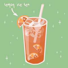 Ice lemon tea. Cute vector illustration. Suitable for menu, flyer, ads, sticker.