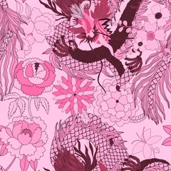 Kreatives, nahtloses Muster mit handgezeichneten chinesischen Kunstelementen: Drache, Laterne, Fächer und Blumen. Trendiger Druck. Fantasie chinesischer Drache, tolles Design für jeden Zweck. Asiatische Kultur. Abstrakte Kunst. © Natallia Novik