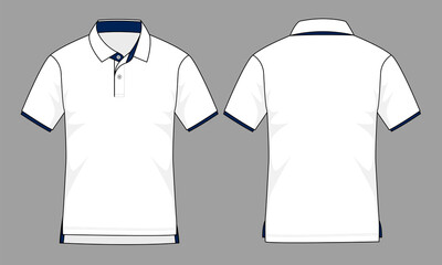 White-Navy Blue Short Sleeve Polo Shirt With Front Short, Back Long Hem Design on Gray Background. Front and Back Views, Vector File.