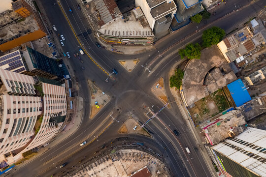 Aerial view of an empty junction in Dhaka city centre, view of the Gulshan circle roundabout in Dhaka, Bangladesh.