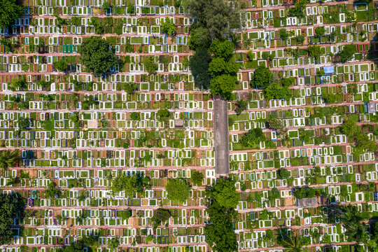 Aerial view of Banani graveyard, a 100 acres cemetery in Dhaka city centre, Bangladesh.