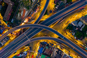 Aerial view of an empty junction road at night in Jatrabari Thana district in Dhaka city, Bangladesh.