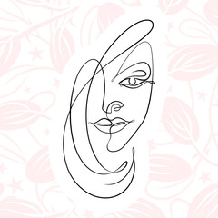 International Women's Day minimal design line drawing style. Portrait of young woman beauty face isolated on pastel leaf background. Vector for Spa, fashion, hairdressing and beautiful artwork design.