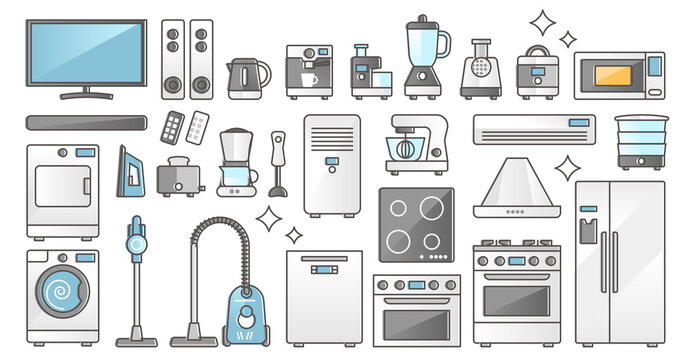 Home appliances set and domestic electronics and machines outline concept