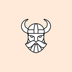 Head of bearded viking warrior with horned helmet in outline style
