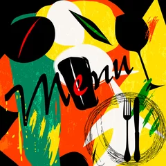 Gordijnen menu card design template for restaurant, with paint strokes and splashes, grungy © Kirsten Hinte