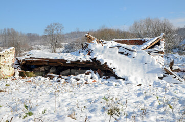 Collapsed and destroyed building ruins after devastating earthquake. Debris. Demolished house in...