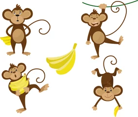 Fototapete Affe Sammlung von Affen in verschiedenen Posen mit Banane