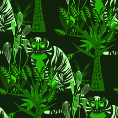 Creative seamless pattern with tiger in tropical forest. Bright summer print for any purposes. Trendy style.	
