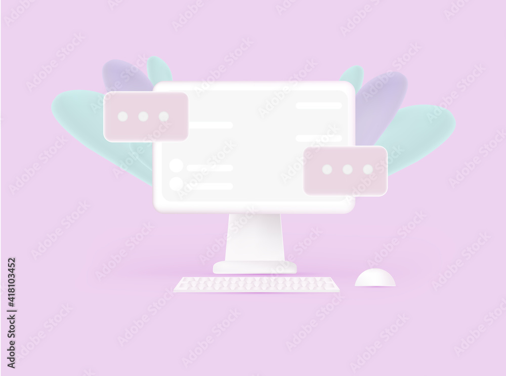 Poster computer 3d vector online social media communication platform concept. or website with chat in conta