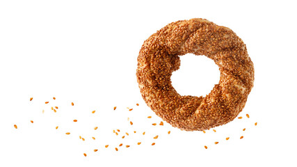 One traditional turkish simit bagel with sesame isolated on white