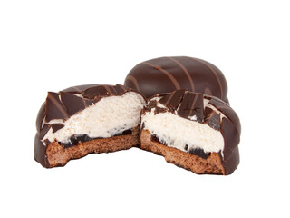 Cookie in chocolate glaze with mousse filling isolated on the white