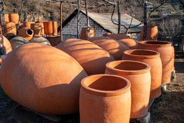Georgian traditional jugs kvevri for wine, outdoor trade