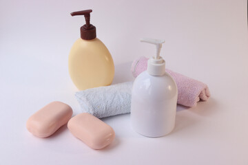 body care products. Personal hygiene products. Soap and washcloth on a white background. Personal hygiene products on a white background.