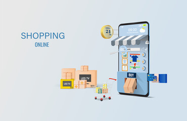 Shopping Online on Website or social commerce mobile Application 3d Vector illustration Concept. develop business digital marketing wide variety of products and convenience design, banner, poster