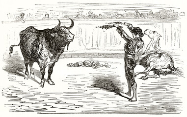 banderillero fighting against bull in the arena while his horse is dying. Ancient rough sketch style art by Dore, Magasin Pittoresque, 1838